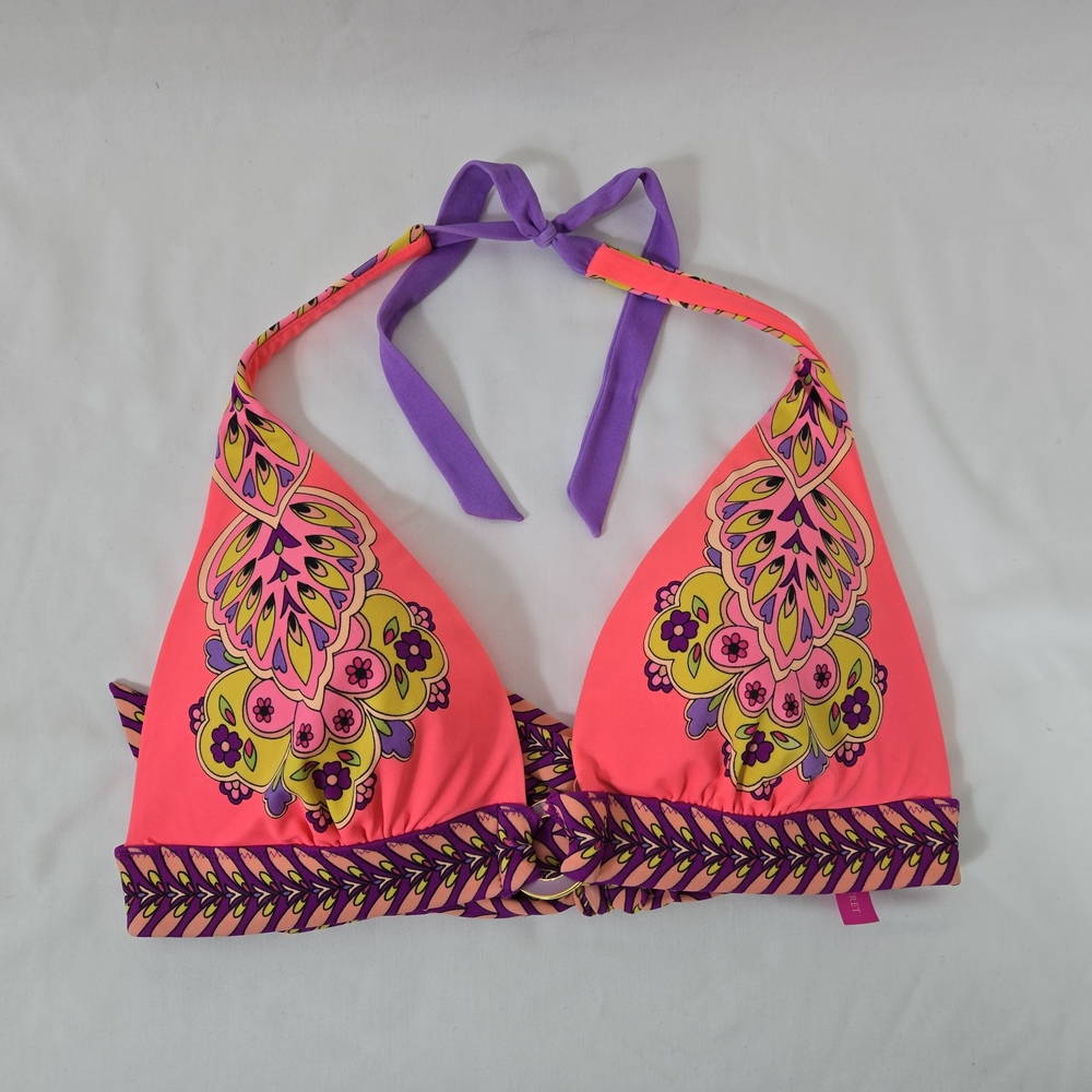 Victoria's Secret Y2K‎ Neon Orange Yellow Purple Floral Halter Bikini Top M Vtg